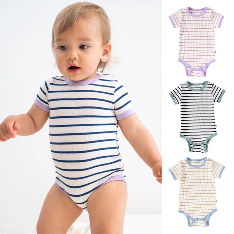 2025 Summer Baby Romper Short Sleeve Covered Clothes European and American Triangle Harness Pure Cotton Male and Female Baby Striped Newborn