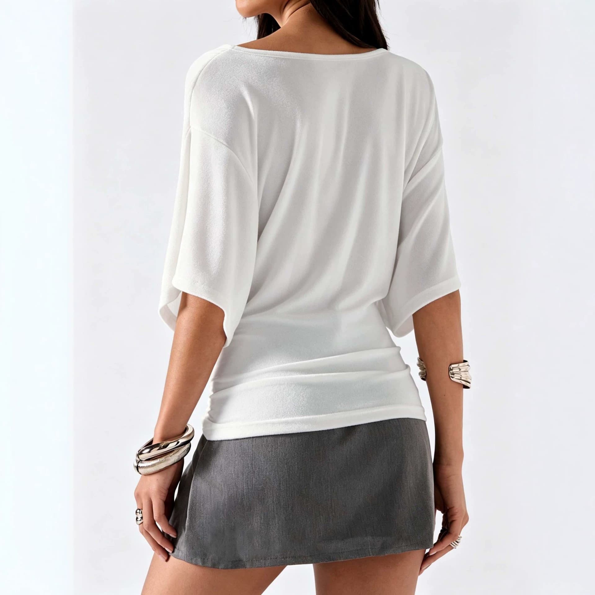 French Cross V-Neck Batwing Sleeve Top for Women, Waist-Cinching Pleated Slim Fit, Elegant Commuter Soft Mid-Sleeve T-Shirt