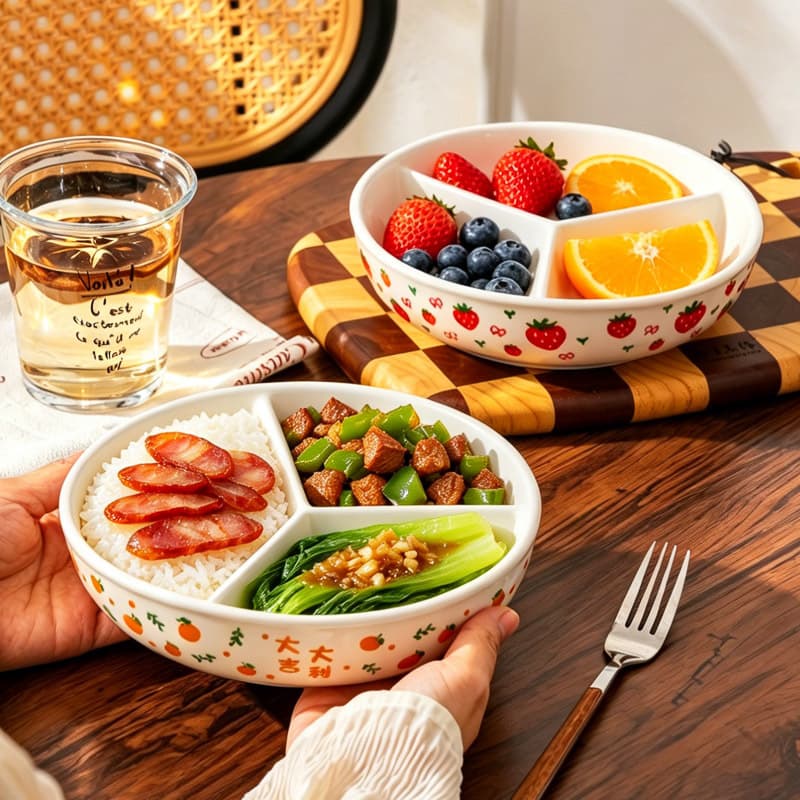 Three-Compartment Ceramic Steaming Tray for Rice Cooker, Baby Food Steamer, Divided Plate for Home Use, Weight Loss Dish, Steaming Bowl