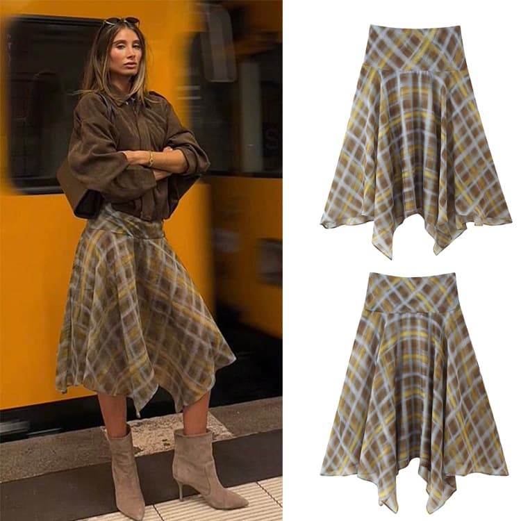 Cross-Border Women's Fashion Amazon SHEIN Spring/Summer New European and American Women's Clothing AliExpress Plaid Midi Skirt Half Skirt
