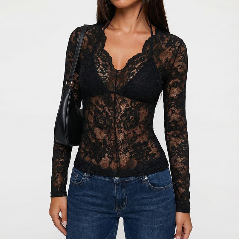 European and American Cross-Border Sexy Lace Top 2026 New Model Amazon Export Fitted Lace Trim Base Top Women's Clothing