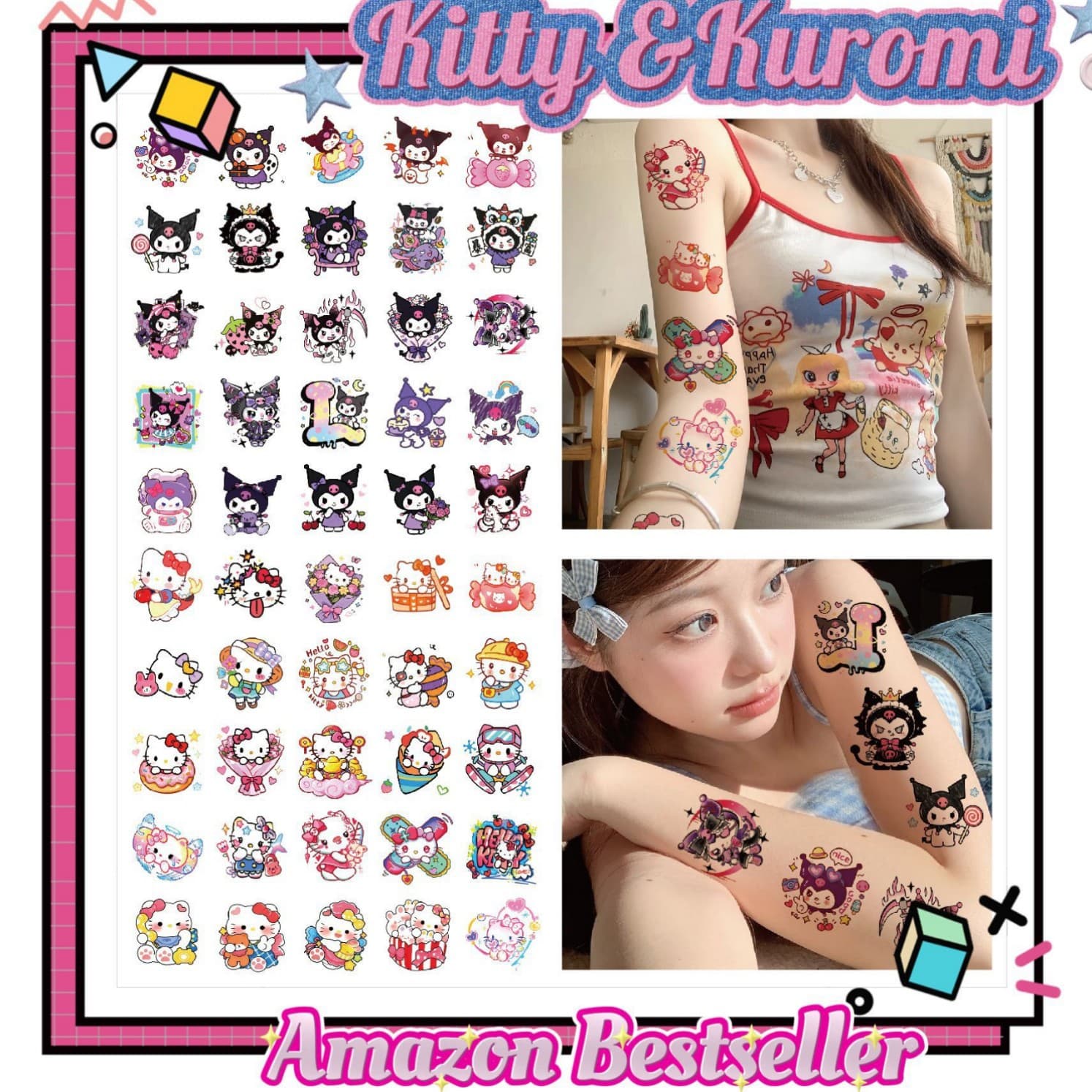 Cross-Border Dopamine Kuromi Kitty Cat Hello Kitty Kidsren's Tattoo Stickers Waterproof Long-Lasting Cartoon Cute Stickers