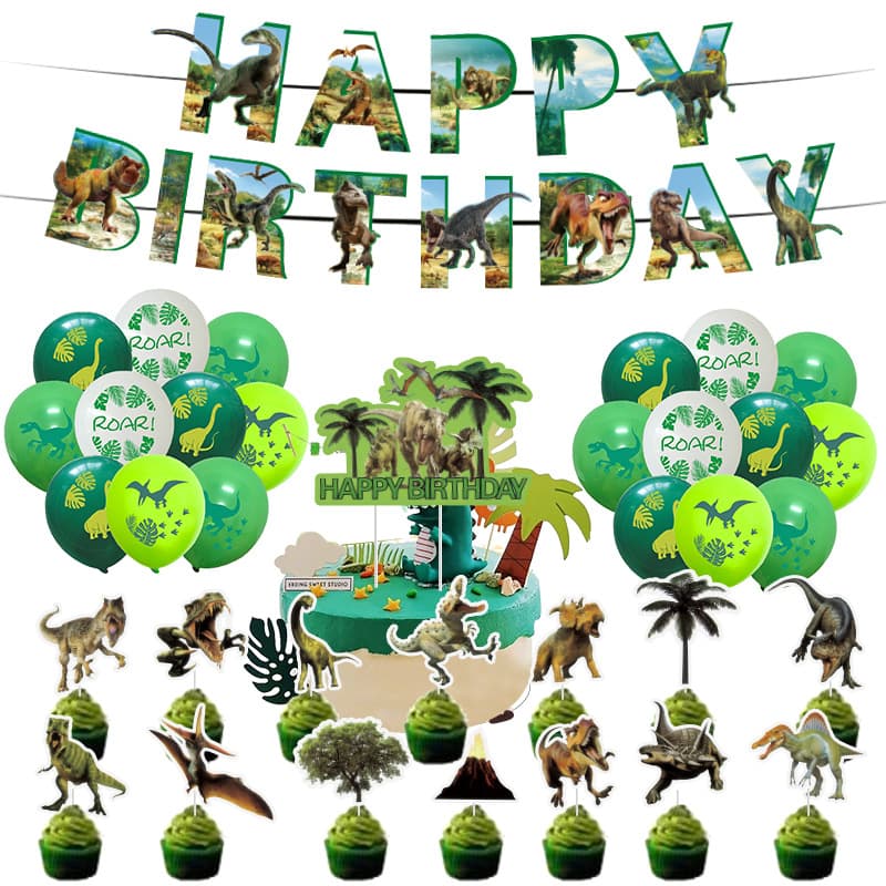 Jurassic Dinosaur Theme Kids Birthday Party Decoration Set, Birthday Banner, Cake Toppers, and Balloon Set
