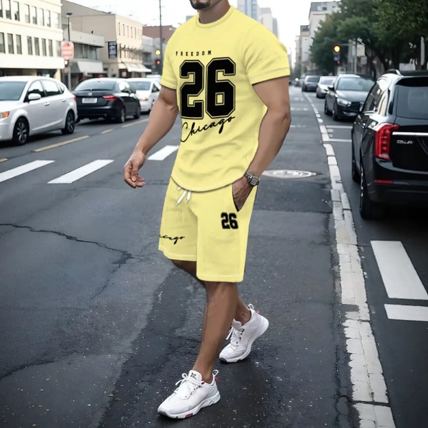 Men's Loose Casual Sports Short Sleeve T-Shirt with Digital Print + Shorts Two-Piece Set, European and American Style for Summer Export