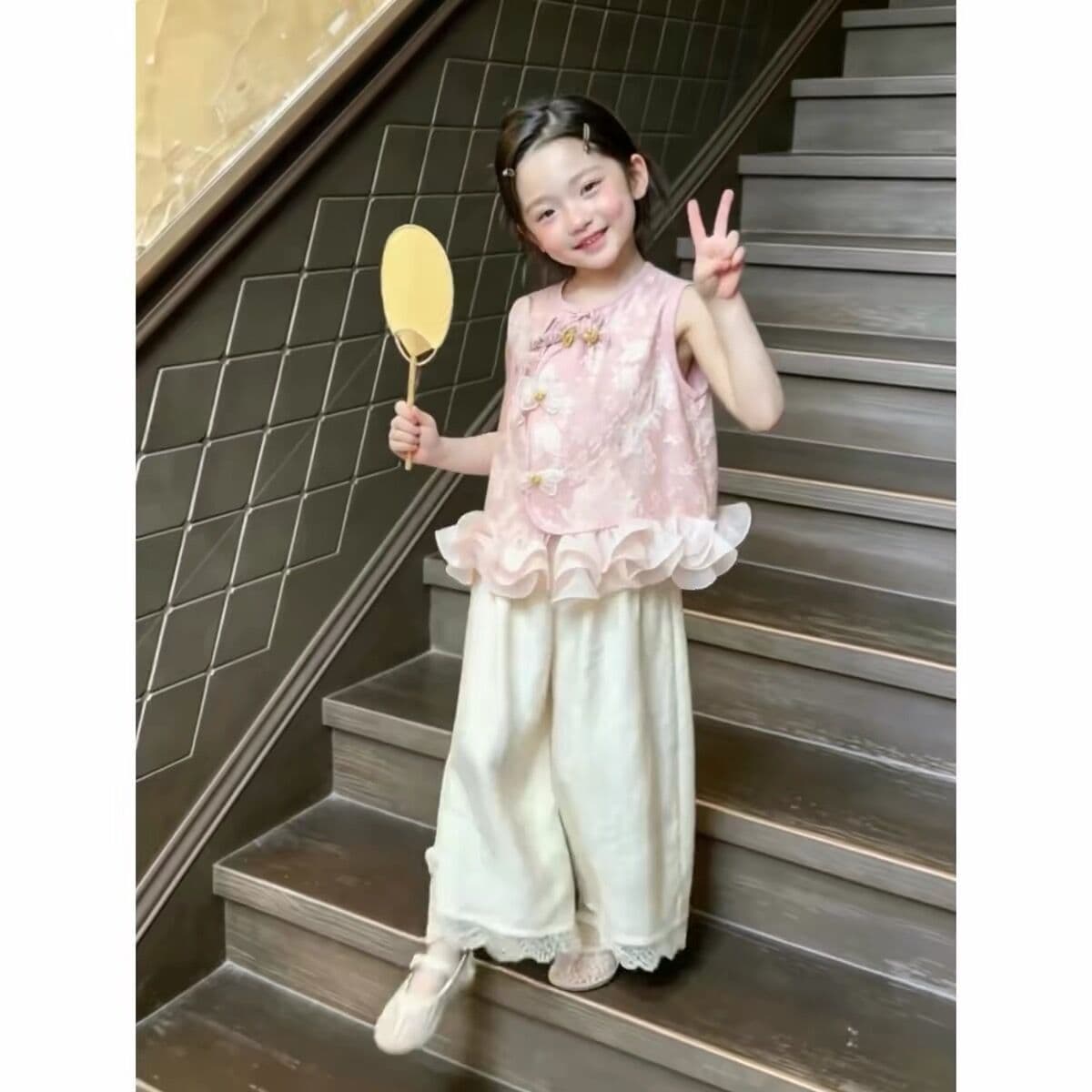Children's dress suit 2026 summer new product new Chinese style buckle cheongsam flower bud skirt female super fairy fashion children's clothing
