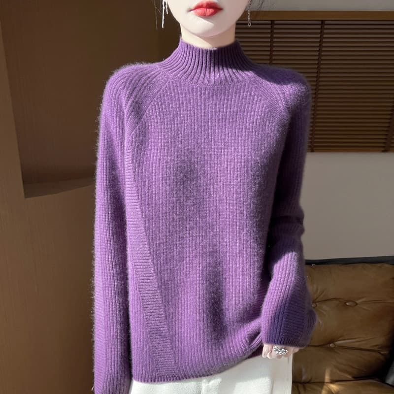 Autumn/Winter New Style Half High Neck Solid Color Long Sleeve Pullover Simple Wool Knit Sweater in Cherry Red Loose Versatile Purple