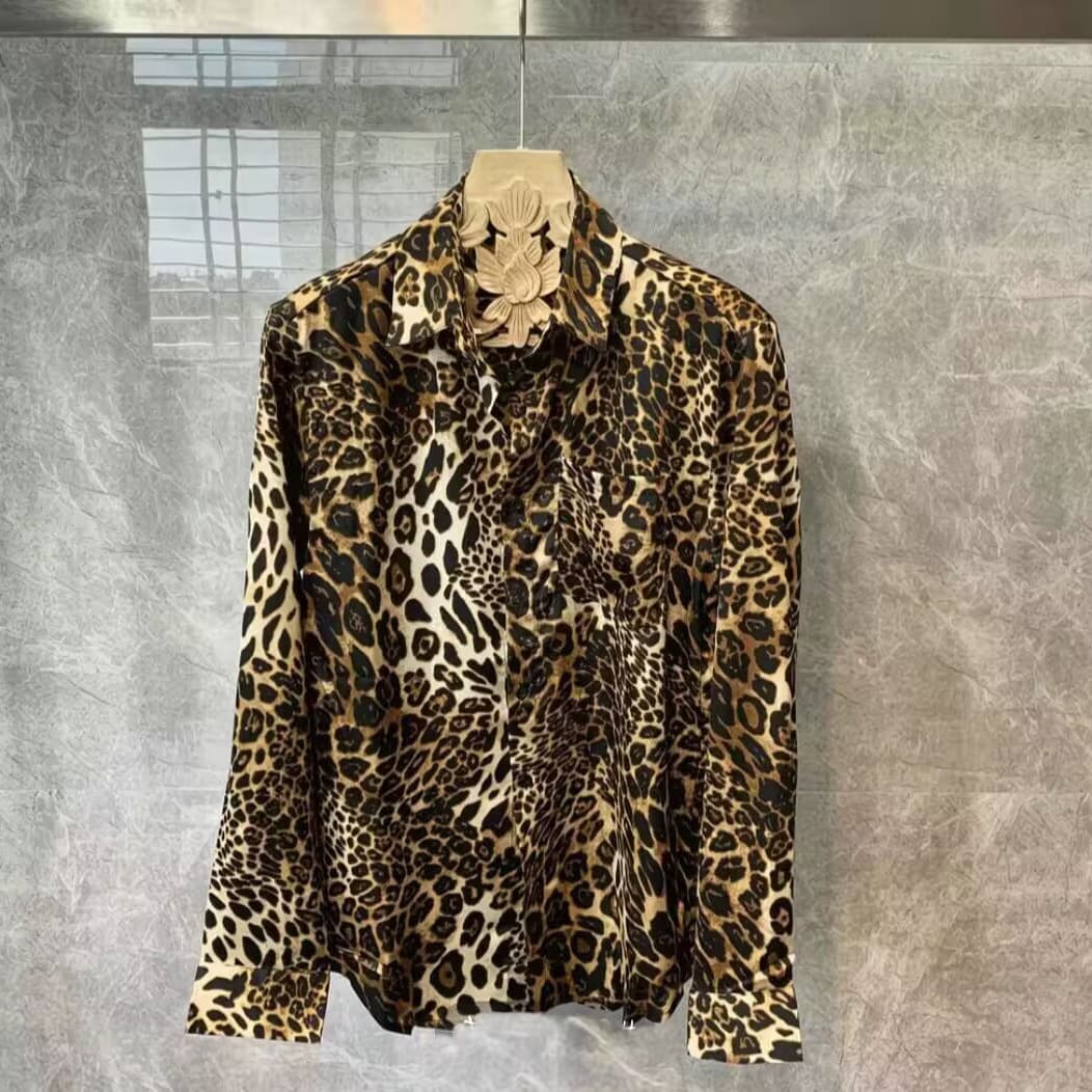 Korean Dongdaemun European and American Printed Leopard Print Long Sleeve Shirt for Men, Korean Trendy Fashion Shirt, Personality Top