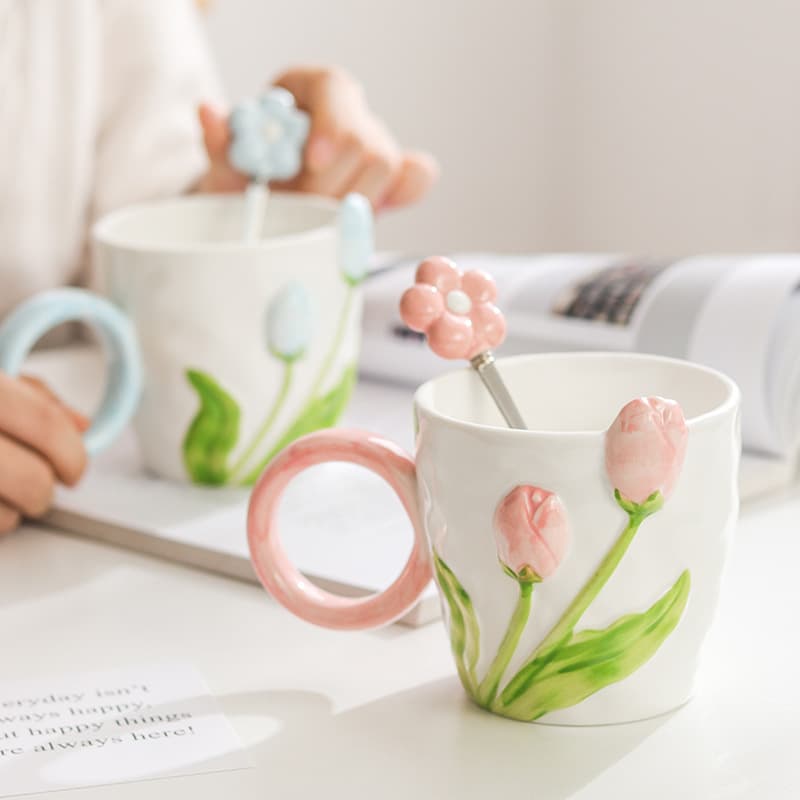 Mug Drinking Cup Ins High Appearance Home Tulip Design Ceramic Cup for Women Niche Style