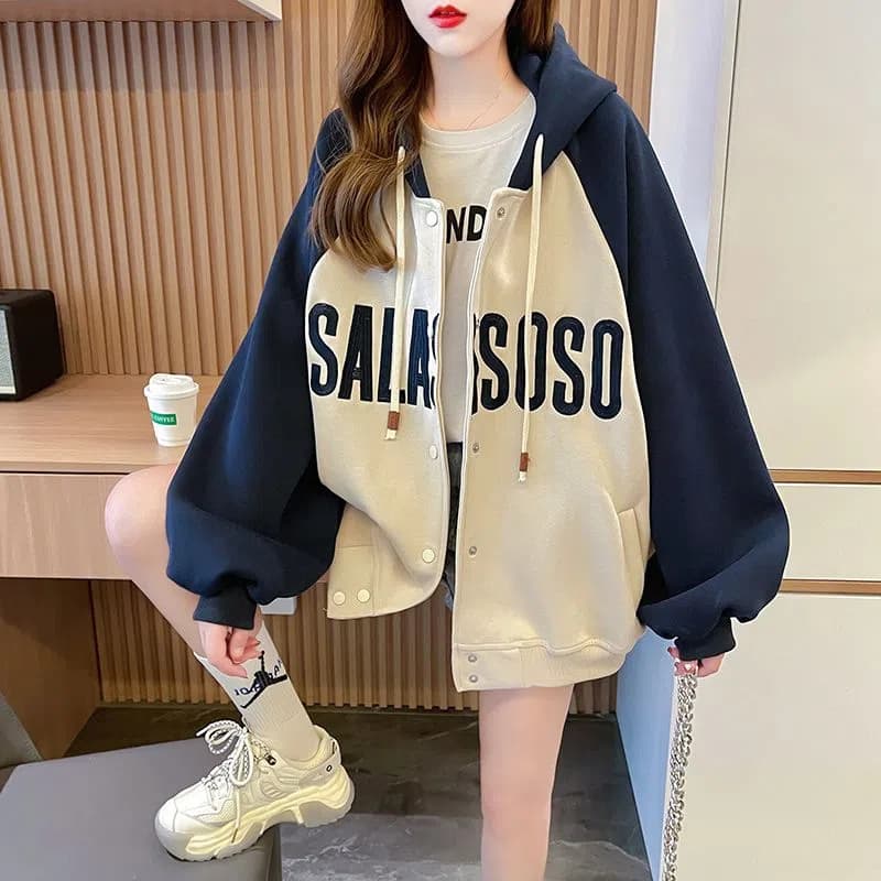 Women's hooded cardigan sweatshirt, autumn and winter, fleece-lined, thick, mid-length, loose, boyfriend style, lazy style, oversized sports jacket