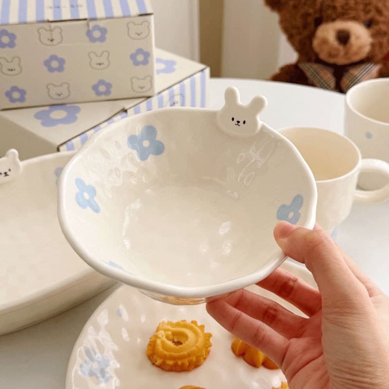 Emotional Bear & Rabbit Underglaze Color Internet-Famous Tableware Set: Cute Fruit Plate, Dessert Bowl, Plate, Breakfast Bowl & Plate Set