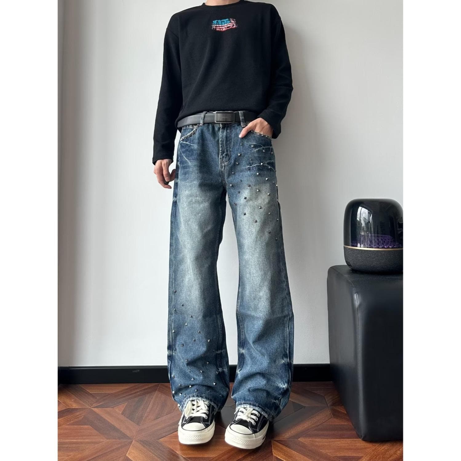 American High Street Studded Blue Distressed Washed Faded Whiskered Cleanfit Versatile Straight Slight Flare Jeans Men Trendy
