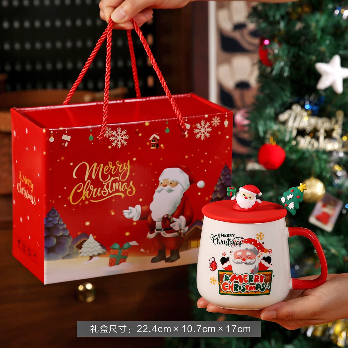 Cross-border creative Christmas gift ceramic cup mug with lid spoon printed logo advertising cartoon water cup souvenir