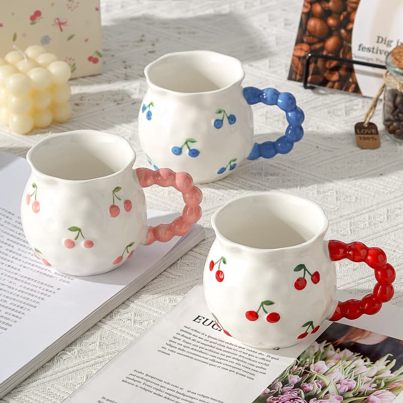 Cute Ceramic Cherry Large-Capacity Mug, Milk Cup for Couples and Best Friends, New High-Value Design Coffee Cup
