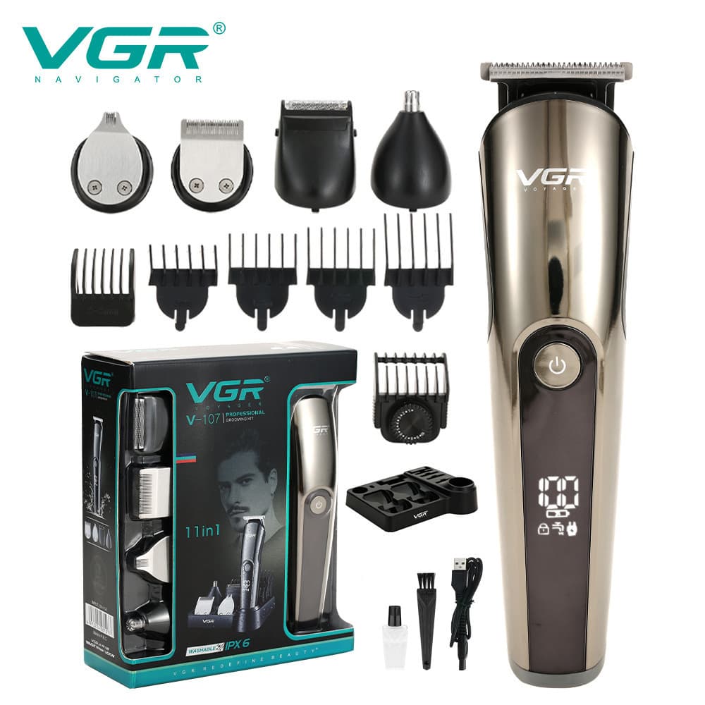 VGR107 Multifunctional Hair Clipper Trimmer Set IPX6 Waterproof Body 5-in-1 Rechargeable Digital Display Shaver