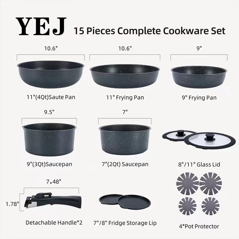 Cross-border Trade Detachable Non-stick Pot Set, Marble Stone Coating Full Set 15-Piece Stackable Cookware Set