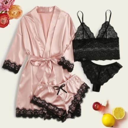 New European and American Women's Lingerie 4-Piece Set Lace Satin Chemise Sleepwear Set with Robe Nightgown Wholesale
