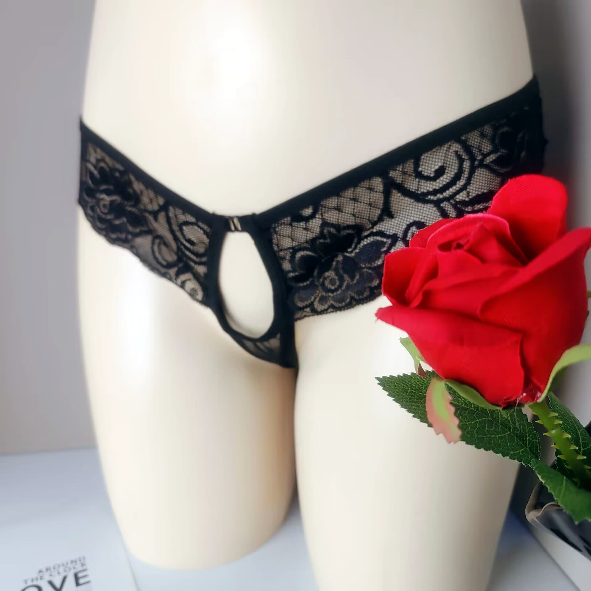 Men's Sexy Lace Transparent Thong Open Crotch No-remove Tempting Exposed Penis Hot Butt Male T-back Panties for Couples