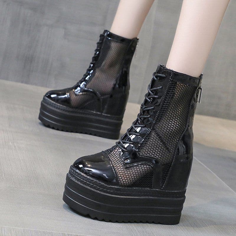 Martin Boots Versatile Women's Autumn Mesh Boots Spring Summer Thick Sole Inner Heightening Breathable Mesh High Heel Mid-Calf Cool Boots Short Boots