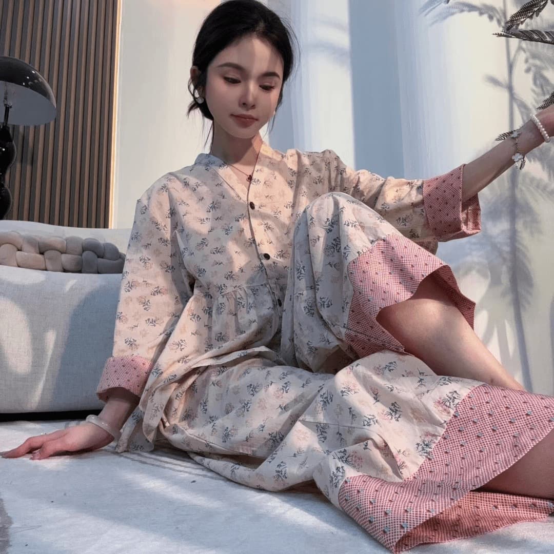 [French Rose] Sweet V-Neck Cardigan Cotton Pajamas Women's Spring and Summer Korean Style Wide Leg Home Clothes Suit