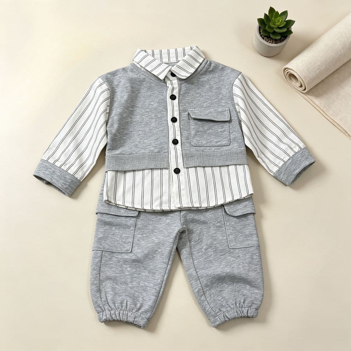 Korean style baby shirt overalls suit spring and autumn children's striped lapel top overalls versatile two-piece set