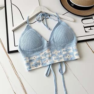 Bohemian Fashion Sexy Camisole Top Beach Side Tie Hollow Knit Short Halter Top for Women