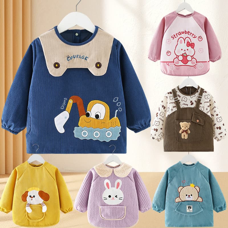 Fashionable autumn/winter baby smock with waterproof and stain-resistant bib, reverse wear apron for mealtime protection