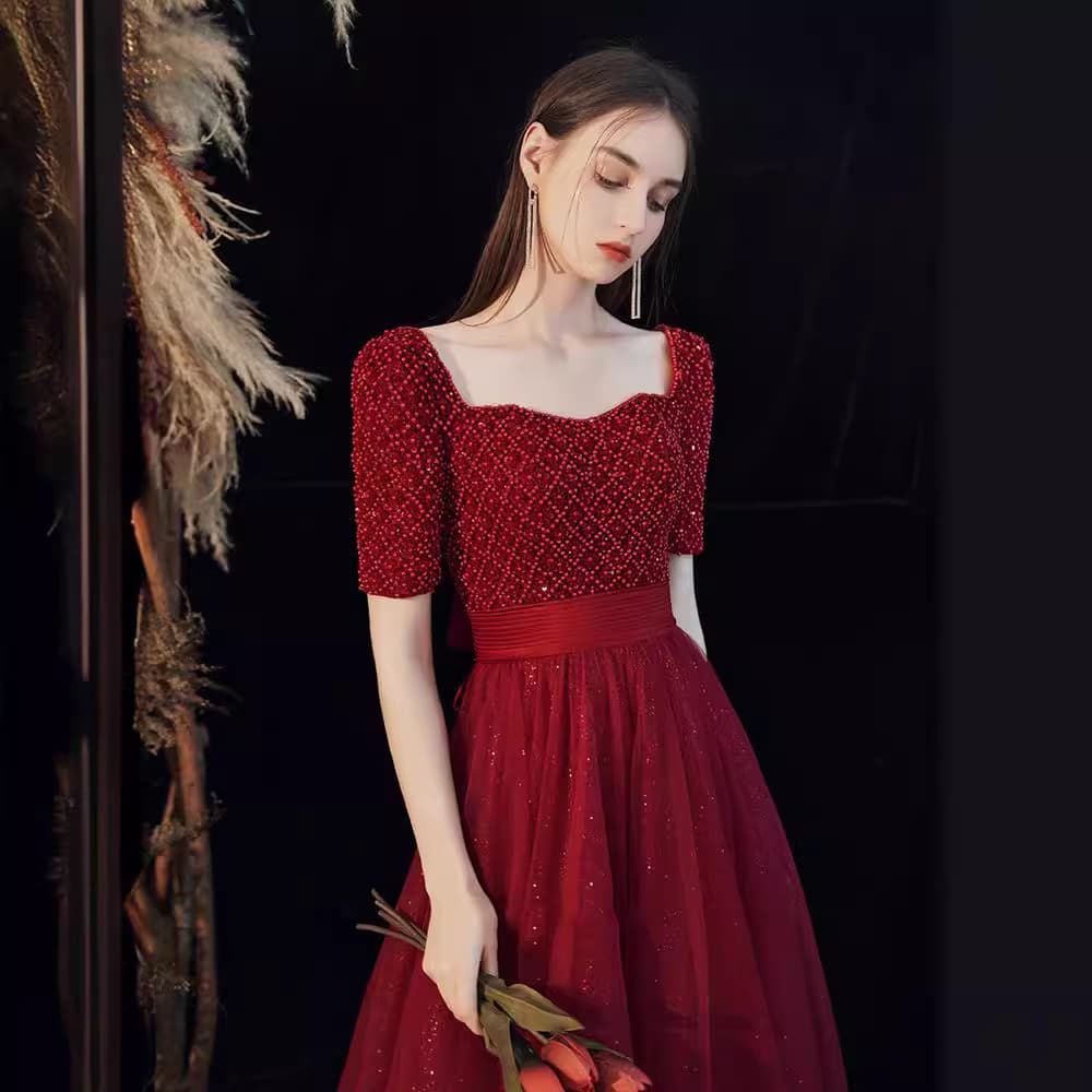 2026 New Wine Red Wedding Dress for Bride Engagement Banquet Long Backless Sexy Slimming Women's Evening Gown