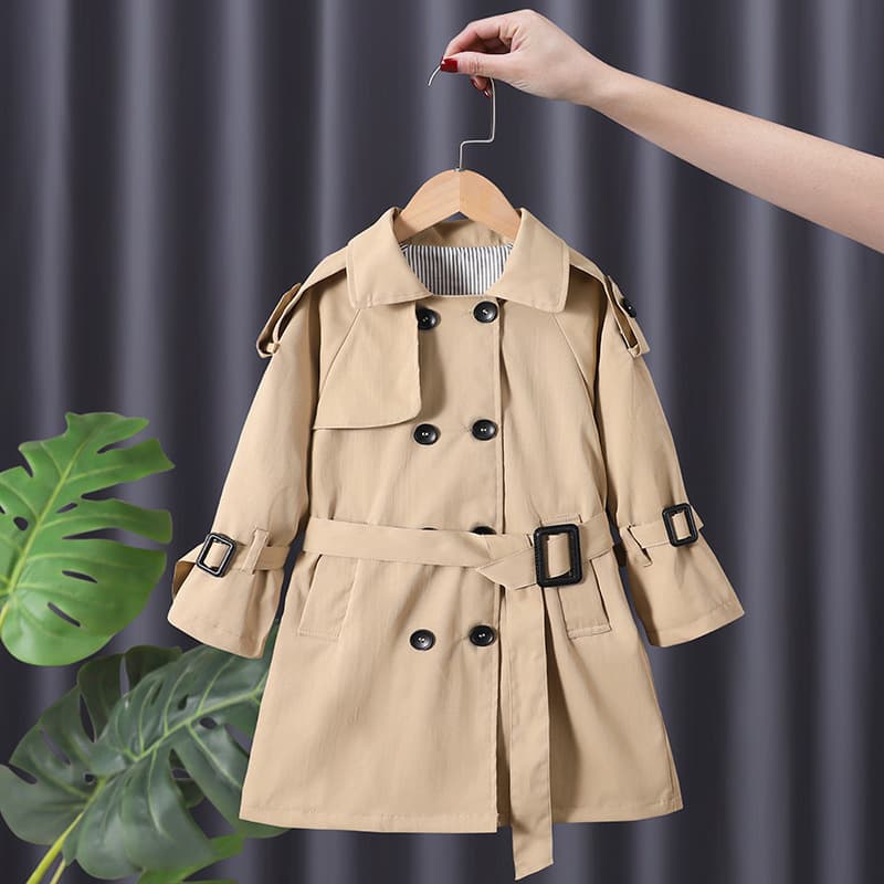 Girls' Windbreaker Jacket Spring Autumn Pure Color Belted Collar Coat Fashionable British Style Mid-Length Children's Outerwear