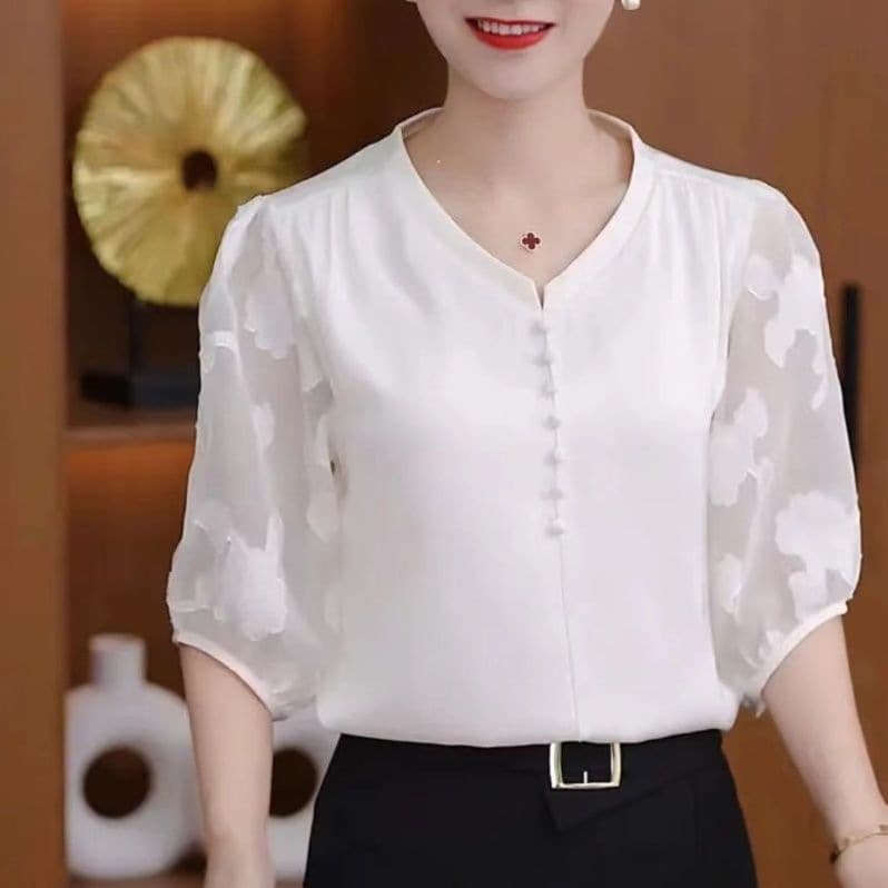 Summer 2024 New Style Chic Blouse Fashion Shirt Elegant Slimming Concealing Belly Anti-Aging Loose Top