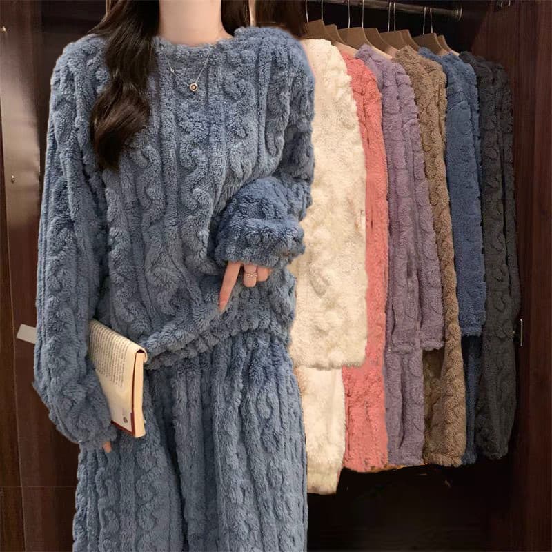 Coral velvet pajamas set for women, winter plus velvet two-piece set, flannel home wear, casual loose pajamas and pajamas for women