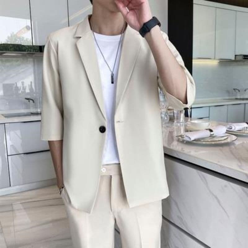 Men's Summer Thin Korean Loose-Fitting Mid-Sleeve Blazer Two-Piece Set, Mature Casual Seven-Tenths Sleeve Leisure Suit