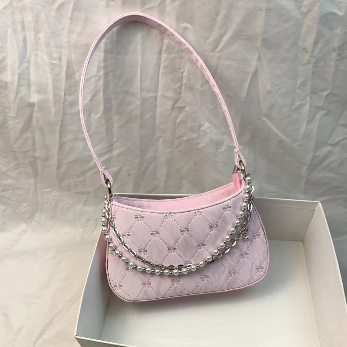 Cross-Border Hot Selling Women's Bags, Pure and Alluring Korean Style Pearl Metal Double Chain Underarm Bag, Commuter Shoulder Bag