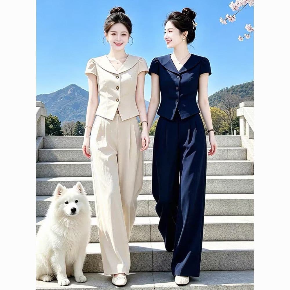 Light work style, age-reducing casual suit for women, summer waist slimming, lapel short-sleeved shirt, wide-leg pants two-piece set