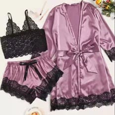 Lingerie European and American Hot Selling Sexy Lace Strap Lace Trim Shorts Women's Loungewear Three-Piece Set Source Wholesale