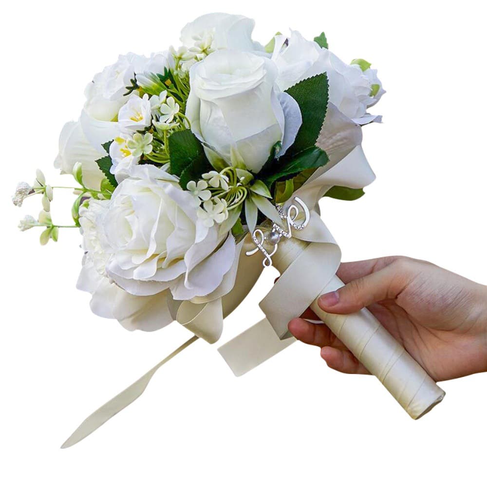 Wedding White Rose Bouquet for Marriage Registration, Bridal Bouquet with Premium Crystal Rhinestones, Korean Style Hand Bouquet