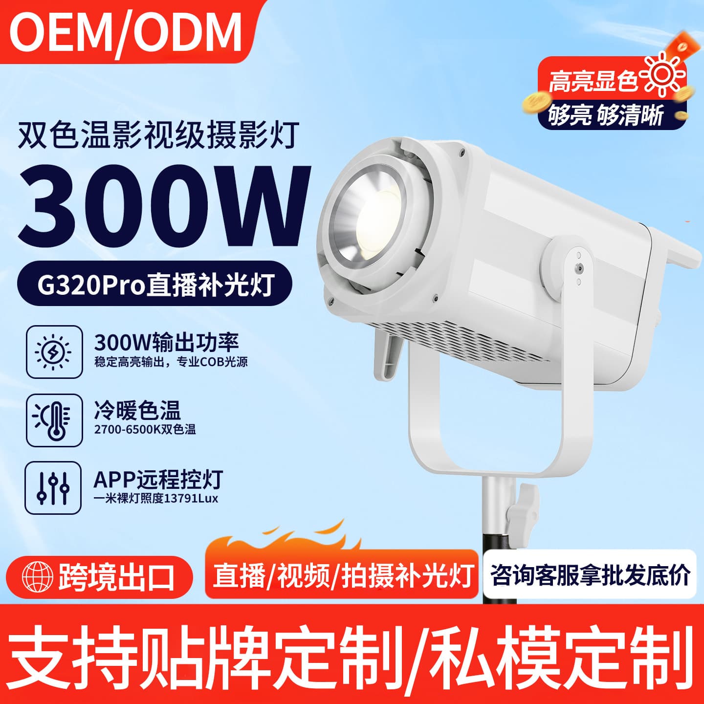 Copper Tube Heat Dissipation 300W Live Streaming Light, Professional Video Light for Studio Photography