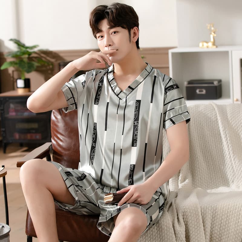 Ice Silk Pajamas for Men Summer Short Sleeve Thin Imitation Silk Casual Plus Size Home Suit Set Wholesale