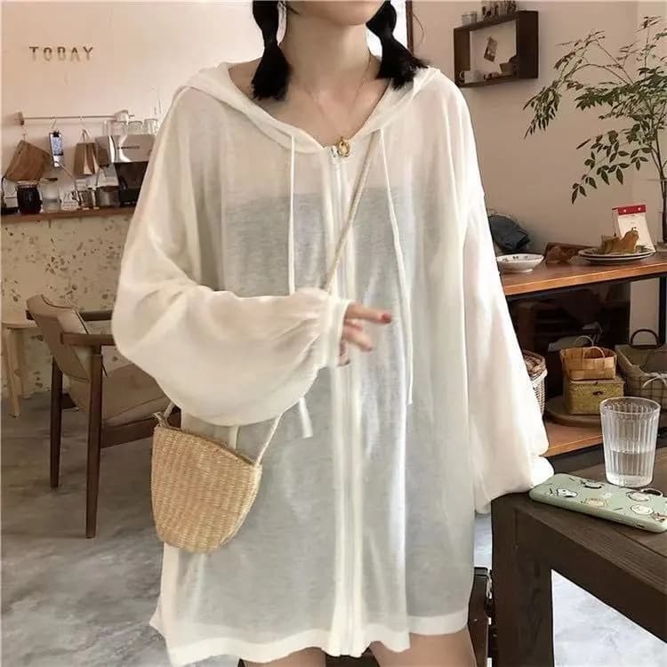 Plus Size Women's New Sun Protection Jacket, Korean Style Ins Fashion Loose Hooded Solid Color Outerwear, Thin Breathable Cardigan Summer