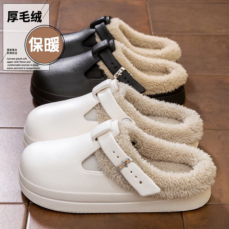 Autumn and Winter Baotou Fur Slippers for Women, Indoor, Home and Outdoor Wear, Fashionable Belt Buckle Fleece-Lined, Warm Thick-Soled Cotton Slippers