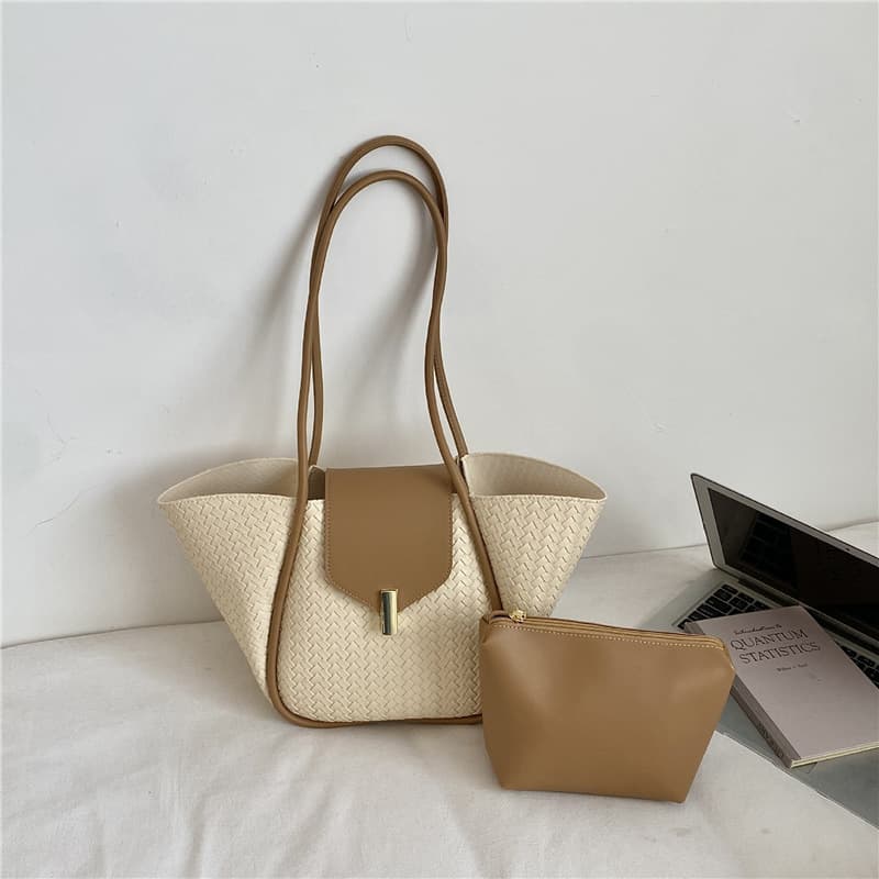Cross-border Premium Woven Pattern Bucket Bag Vintage Commuter Tote Handbag Large Capacity Stylish Shopping Bag