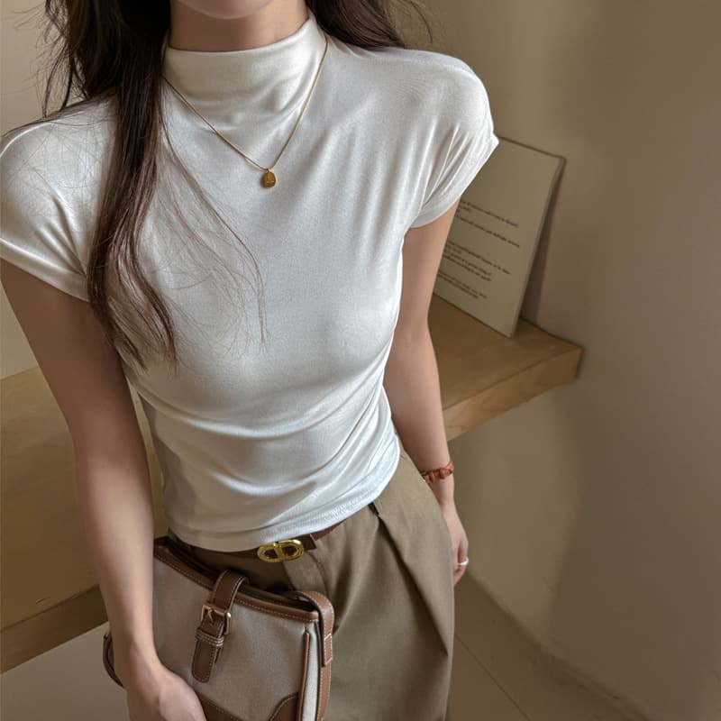 American half turtleneck autumn and winter short-sleeved bottoming shirt for women, fashionable and solid color right shoulder T-shirt slim fit top