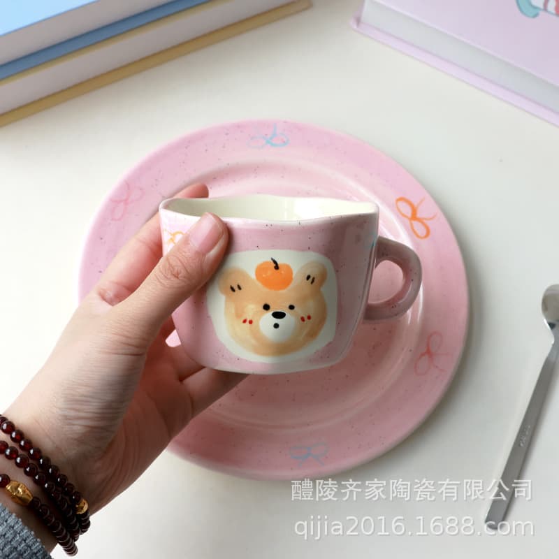 Cute Hand-Painted Underglaze Bear Ceramic Mug Pink Girl Heart Coffee Cup Breakfast Plate Children's Water Cup