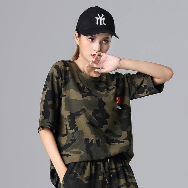 2025 Summer New Military Style Outdoor Camo Green T-Shirt for Women, Square Dance & Water Dance Tee, Short Sleeve, Plus Size