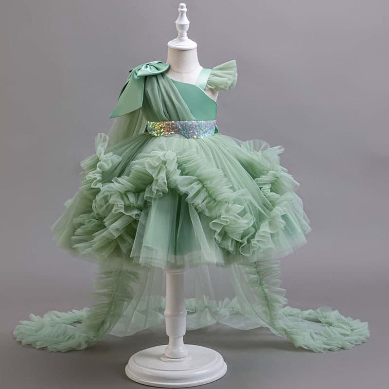 New Cross-Border Girls' Birthday Party Princess Dress Flower Girl Performance Dress with Long Train Tulle Children's Formal Dress