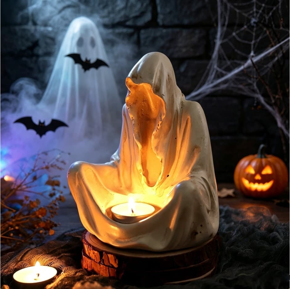 Halloween Ghost Wizard Candle Holder Resin Vintage Candle Stand Ghost Festival Party Atmosphere Decorative Night Light