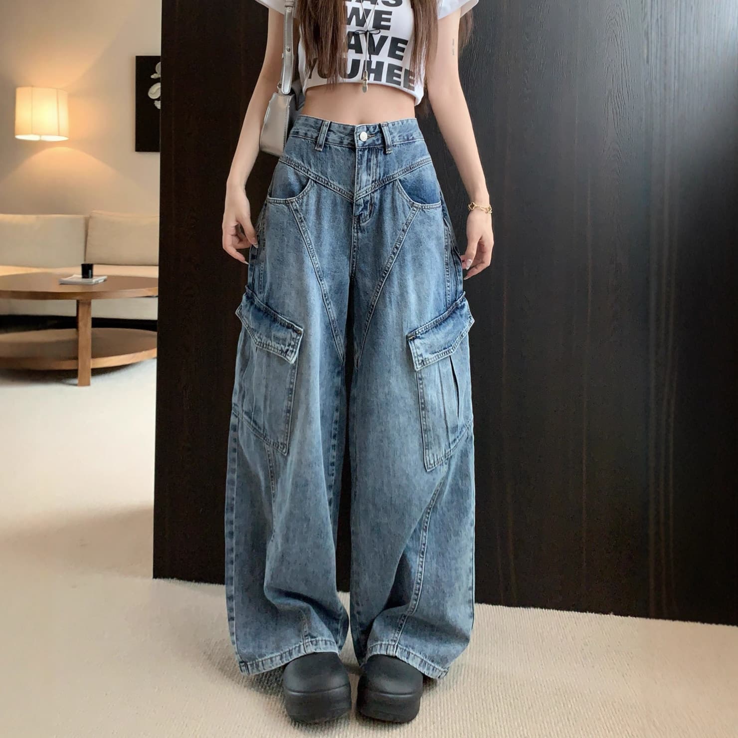 Wide-Leg Jeans for Women American Retro Patchwork Design Denim Wide-Leg Pants Petite Loose Cargo Pants