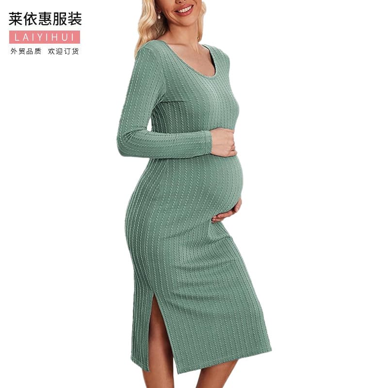 New cross-border maternity dress, long sleeves, loose side knit ribbed maternity bodycon dress, autumn and winter style.