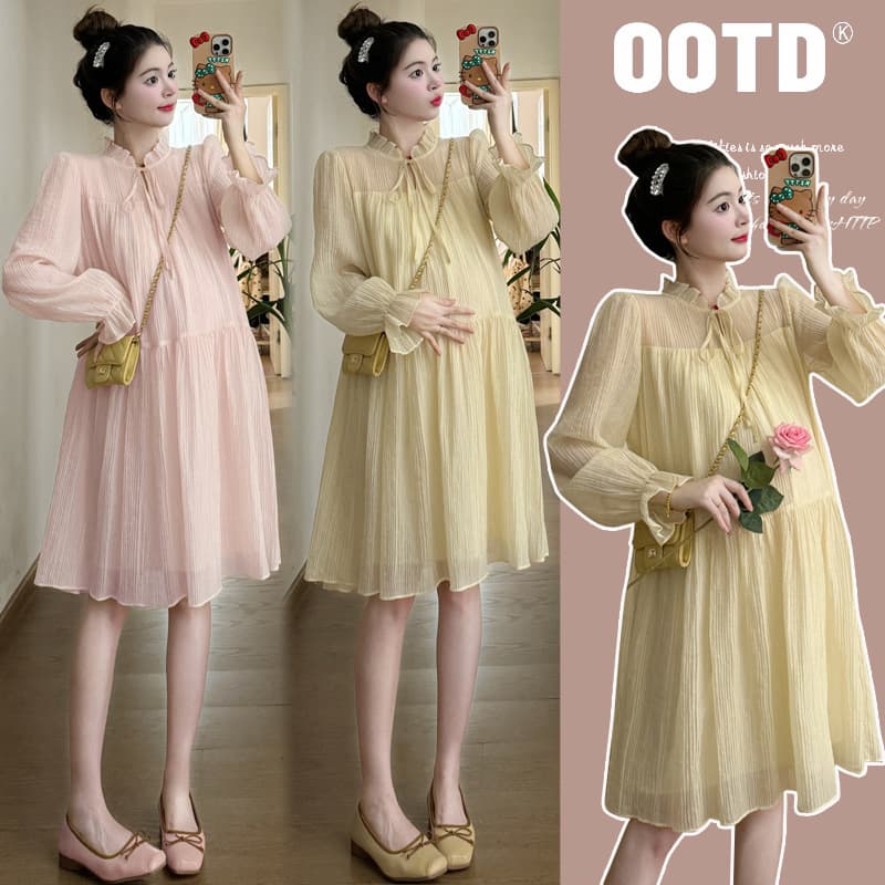2024 Maternity Spring Dress Long Sleeve Elegant Chinese Style New Petite Sweet Fairy Maternity Dress