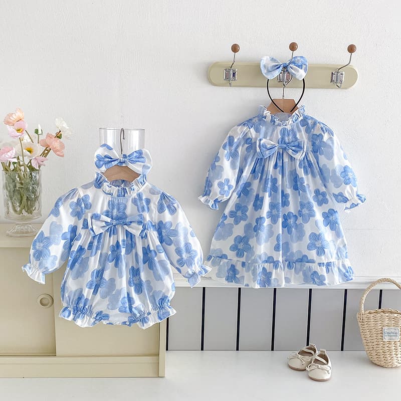 Spring 2025 Long Sleeve Baby Girl Clothes Blue Flower Dress Triangle Climbing Suit Sister Matching Outfit Cotton Safe Quality