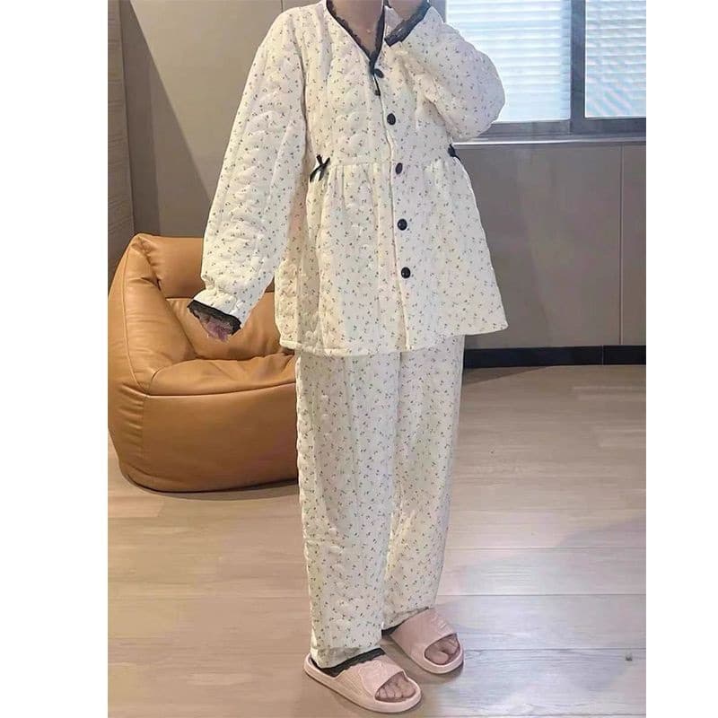 Autumn/Winter Small Floral Maternity Robe, Air-Cotton, October Pregnancy Postpartum Nursing Pajamas, Pure Cotton Thick Nursing Set